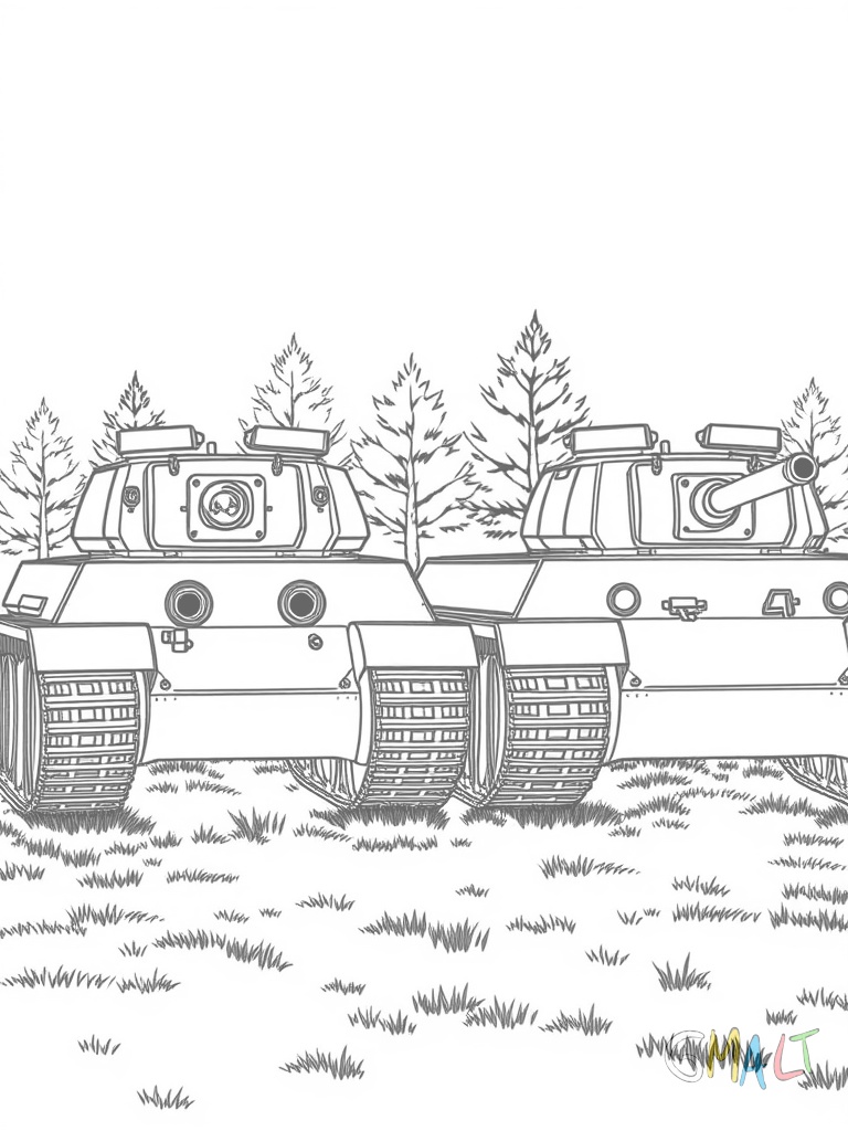 Zwei Panzer stehen nebeneinander auf einem Übungsplatz. Beide Geschütztürme zeigen in die gleiche Richtung. Im Hintergrund sind kleine Bäume zu sehen.