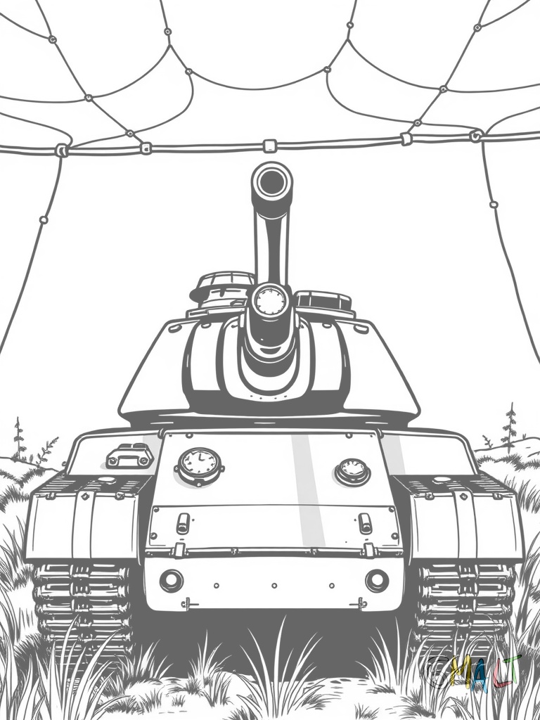 Ein Panzer tarnt sich unter einem Tarnnetz. Nur die Umrisse sind zu erkennen. Kleine Zweige stecken im Netz.