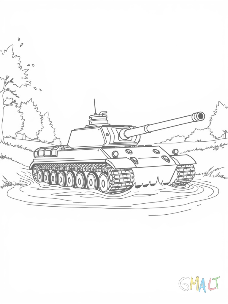 Ein Panzer durchquert einen Bach. Das Wasser spritzt an den Ketten hoch. Der Turm ragt aus dem Wasser heraus.