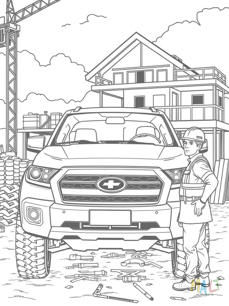 Ein Pick-up steht vor einer Baustelle. Die Frontansicht zeigt den markanten Kühlergrill und erhöhte Stoßstange. Auf der Ladefläche liegen Werkzeugkisten und ein zusammengeklapptes Baugerüst. Ein Bauarbeiter mit Helm steht daneben.