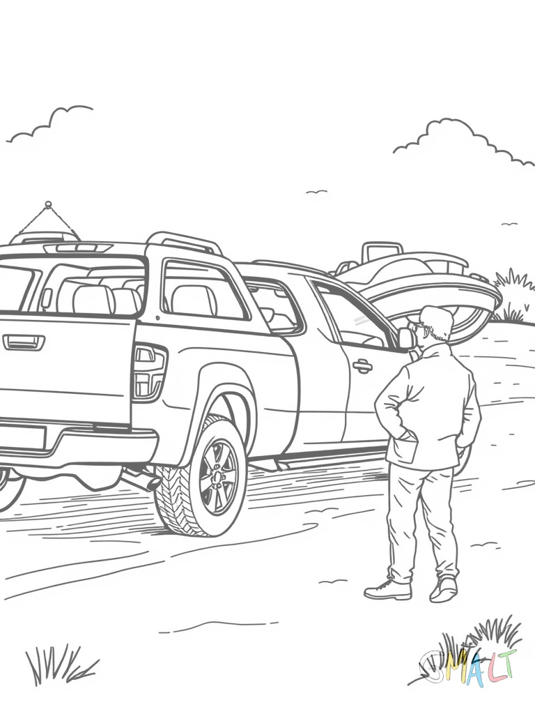 Ein Pick-up beim Transport eines Bootes. Das Fahrzeug zieht einen Bootsanhänger mit einem kleinen Motorboot. Die Seitenansicht zeigt das gespannte Seil zwischen Anhängerkupplung und Trailer. Ein Angler steht prüfend daneben.