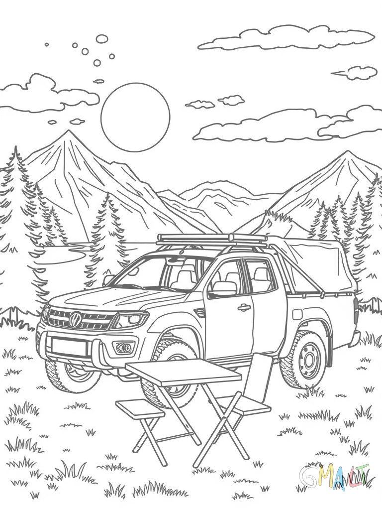 Ein Pick-up beim Camping in der Wildnis. Das Fahrzeug steht schräg mit Blick auf einen See. Auf der Ladefläche ist ein Dachzelt aufgeklappt. Davor steht ein kleiner Campingtisch mit zwei Stühlen.