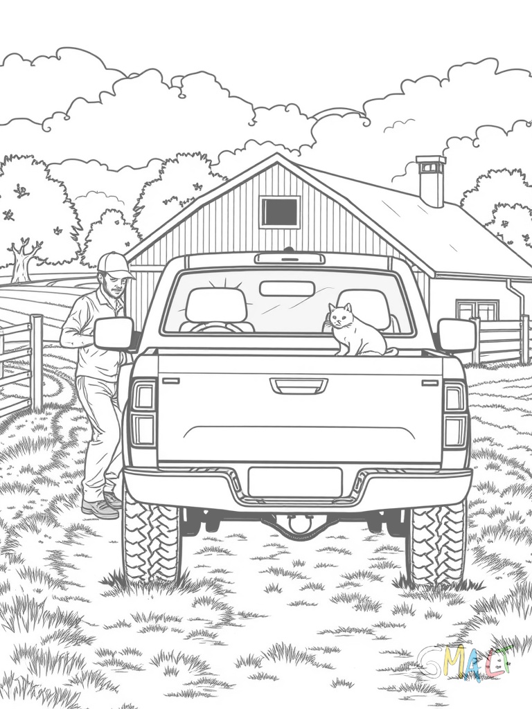 Ein Pick-up auf einer Farm. Das Fahrzeug steht vor einem Scheunentor. Ein Farmer lädt Heusäcke auf die Ladefläche während eine Katze auf der Motorhaube sitzt. Im Hintergrund sind Zaunpfähle zu sehen.