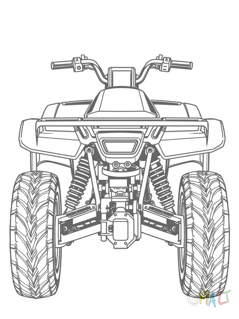 Ein Quad von vorne mit deutlich sichtbaren Scheinwerfern und breiter Frontstoßstange. Der Lenker und die Armaturen sind gut erkennbar. Die Reifen zeigen zur Seite.