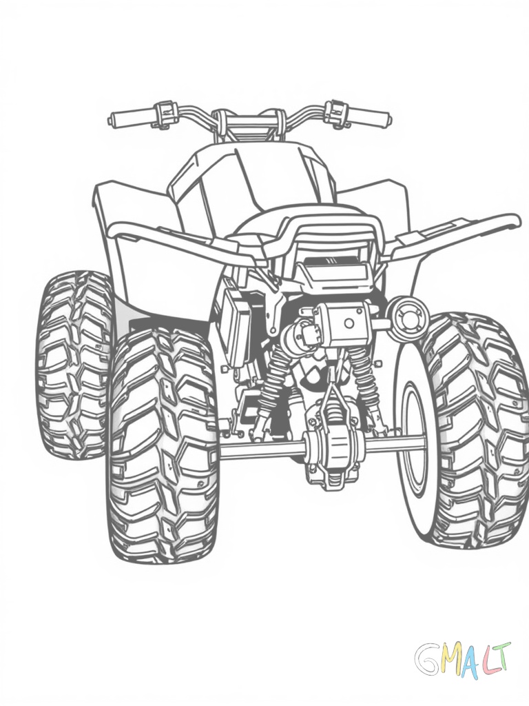 Ein Quad von der Seite mit großen geriffelten Reifen. Der Lenker ist leicht eingeschlagen und der Sitz ist deutlich erkennbar. Die Scheinwerfer sind rund und vorne gut sichtbar.