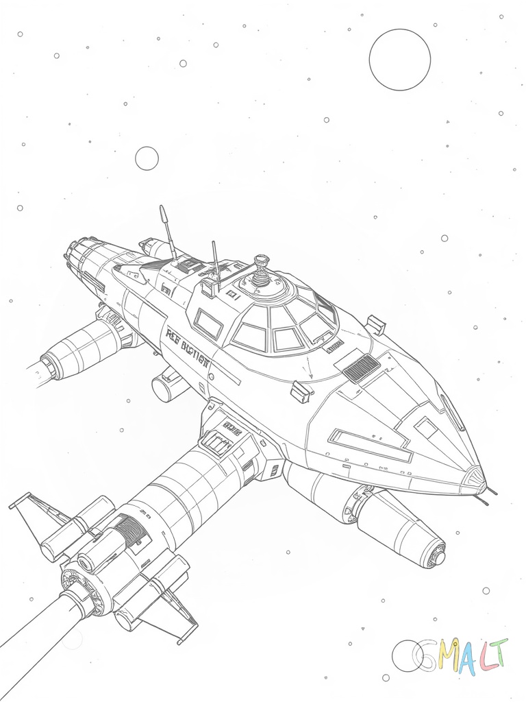 Ein Raumschiff dockt an einer Raumstation an. Die Raumstation hat große Sonnenkollektoren und mehrere zylindrische Module.