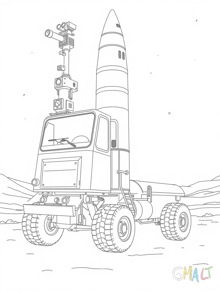 Eine schlanke Forschungsrakete mit wissenschaftlichen Instrumenten an der Spitze steht in ihrer Startposition. Eine kleine Leiter führt zur Einstiegsluke.