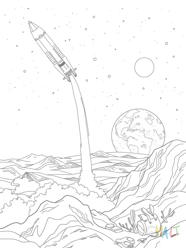 Eine Rakete hebt von einem anderen Planeten ab. Der Himmel ist rot und zwei Monde sind am Horizont zu sehen.