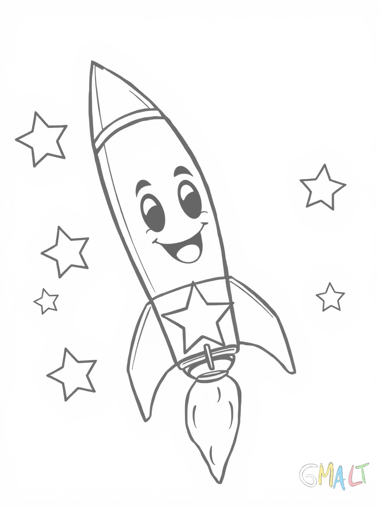 Eine Rakete im Cartoon-Stil mit lustigem Gesicht und zwei seitlichen Flügeln. Aus dem Raketenantrieb kommen Sternchen statt Flammen.