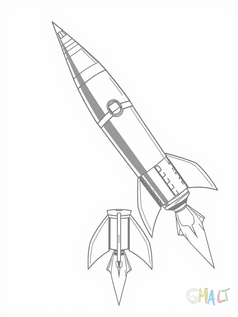 Eine Rakete im Retro-Stil mit rundem Körper und spitzer Nase. Drei große Finnen am unteren Ende geben ihr Stabilität.