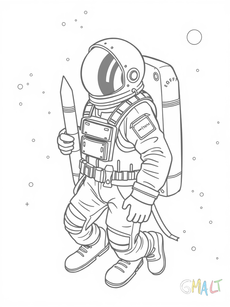 Ein Raketenrucksack trägt einen Astronauten durch den Weltraum. Kleine Steuerdüsen sind an den Seiten zu sehen.