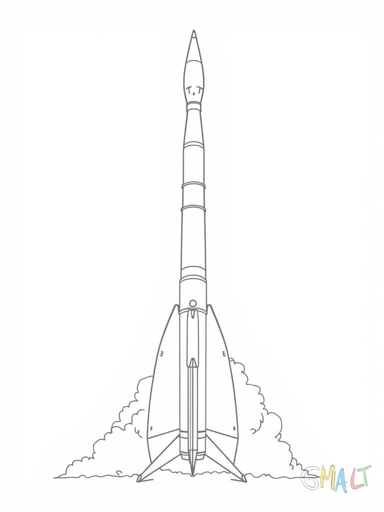 Eine große Rakete steht aufrecht auf ihrer Startrampe. Aus den Triebwerken schießen orange-rote Flammen. Die Rakete hat drei Stufen und kleine Stabilisierungsflügel am unteren Ende.