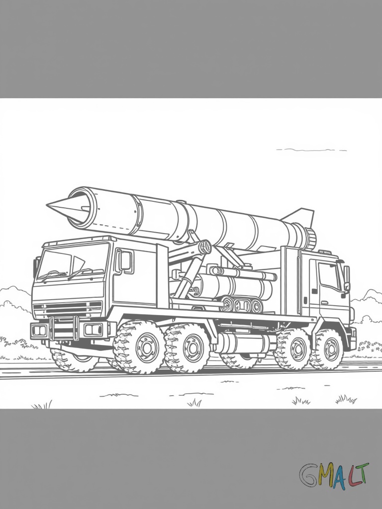 Eine Rakete wird auf einem großen Transportfahrzeug zur Startrampe gefahren. Das Fahrzeug hat viele Räder und eine breite Ladefläche.