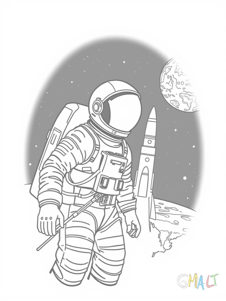 Ein Astronaut schwebt neben seiner Raumkapsel im Weltall. Er ist durch ein Seil mit dem Raumschiff verbunden. Im Hintergrund ist die Erde zu sehen.