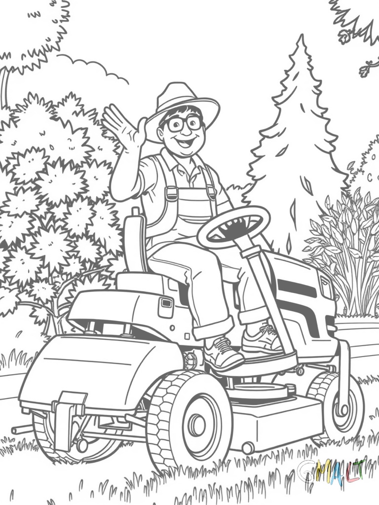 Ein fröhlicher Gärtner sitzt auf einem modernen Rasenmäher und winkt mit der rechten Hand. Er trägt einen Sonnenhut und Gartenschuhe. Der Rasenmäher ist leicht schräg nach links gedreht zu sehen.