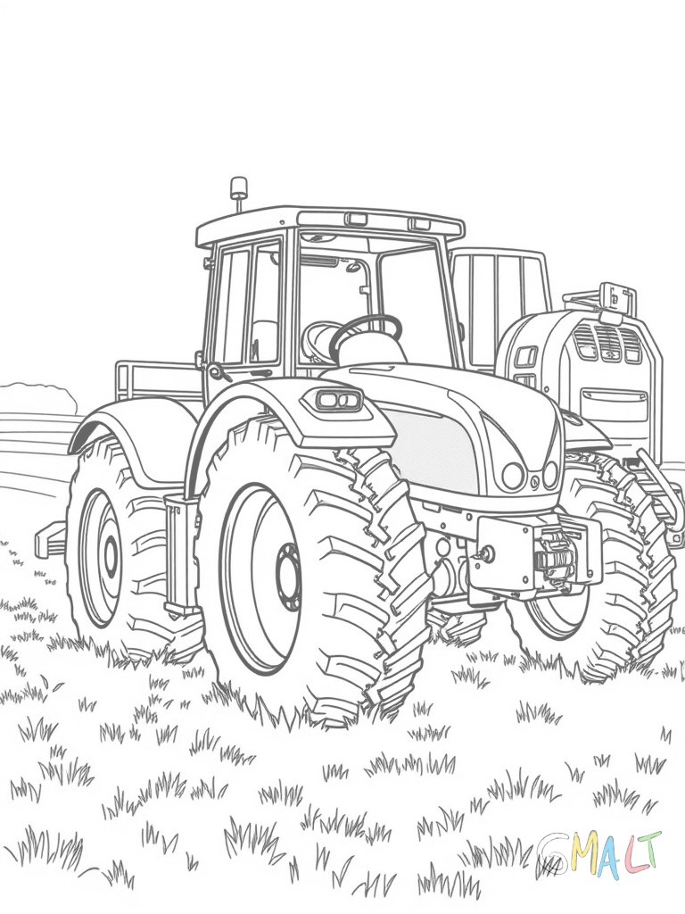 Ein Rasenmäher-Traktor mit angebautem Anhänger. Der Traktor ist von der Seite zu sehen mit großer Motorhaube vorne. Im offenen Anhänger liegt gemähtes Gras. Das Mähwerk unter dem Traktor ist abgesenkt.