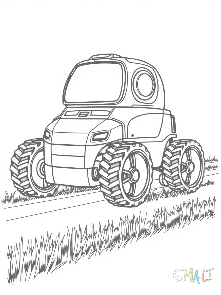 Ein Roboter-Rasenmäher fährt über eine Rasenfläche. Der runde Mähroboter hat zwei große Antriebsräder und einen kleinen Stützreifen. Auf der Oberseite sind ein Start-Knopf und ein Display zu sehen.