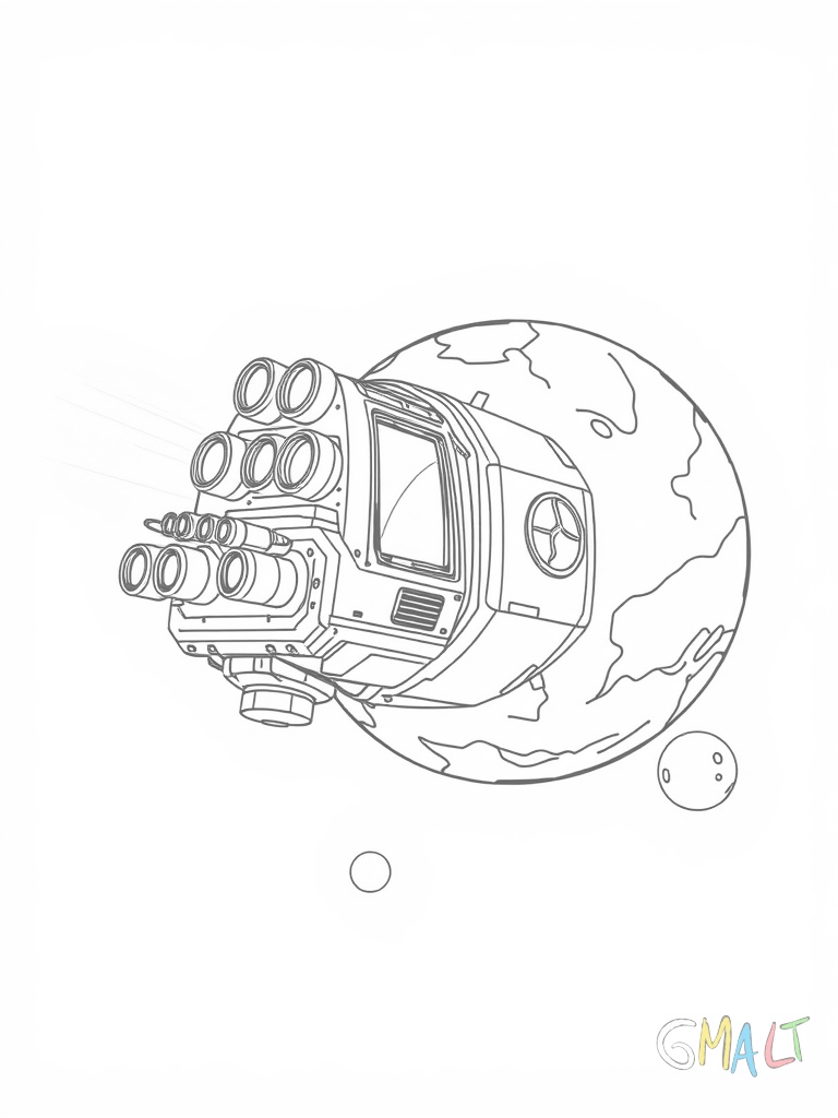 Ein kompaktes Forschungsraumschiff mit Roboterarm erkundet einen Asteroiden. Vorne hat es große Scheinwerfer und mehrere Antennen. An der Seite ist ein wissenschaftliches Logo zu sehen.