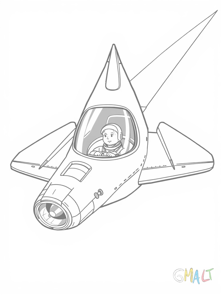 Ein klassisches Raumschiff mit spitzer Nase und zwei großen Triebwerken schwebt diagonal im Bild. Auf beiden Seiten befinden sich dreieckige Flügel. Im Cockpit sitzt ein kleiner Astronaut der nach vorne schaut.