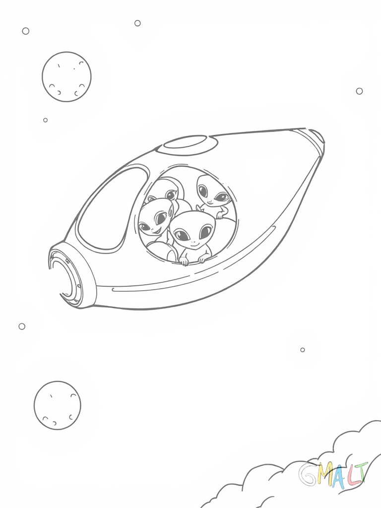 Eine fliegende Untertasse mit kuppelförmigem Cockpit und blinkenden Lichtern am Rand schwebt über der Bildmitte. Drei kleine grüne Aliens winken fröhlich aus den runden Fenstern.