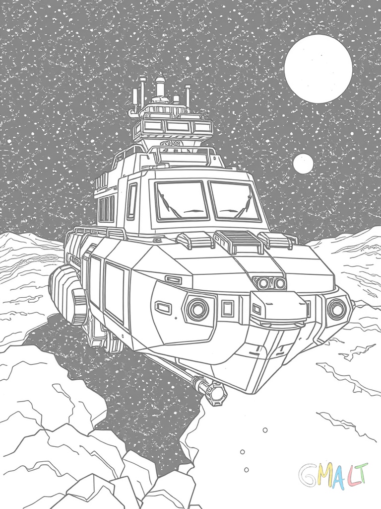 Ein Mehrzweck-Raumschiff mit modularer Bauweise schwebt im All. Es besteht aus verschiedenen zusammengesteckten Containern und hat sowohl Landebeine als auch Triebwerke. Eine Crew-Kapsel sitzt vorne.