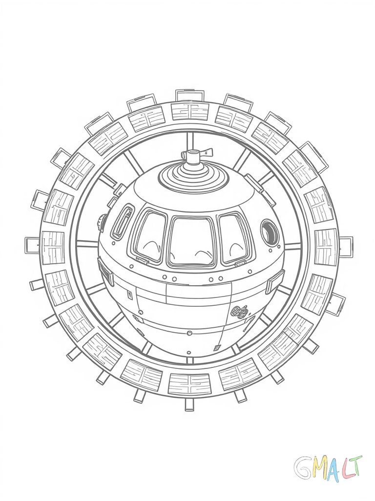 Ein rundes Raumschiff mit vielen Solarpaneelen dreht sich um die eigene Achse. In der Mitte befindet sich eine Wohnkapsel mit Fenstern. Drumherum sind wissenschaftliche Instrumente angebracht.