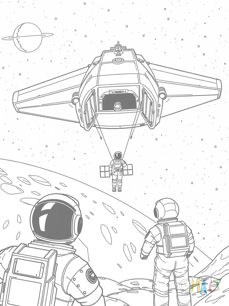 Eine Weltraum-Fähre mit breiten Flügeln transportiert einen Satelliten im Laderaum. Die Frachttüren sind geöffnet und der Satellit schwebt langsam heraus. Zwei Astronauten beobachten den Vorgang.