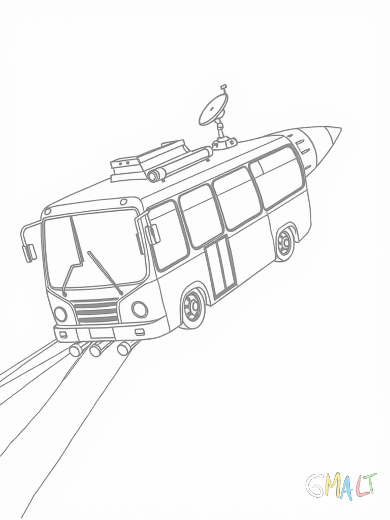 Ein Raketen-Bus mit großen Fenstern und Rädern fliegt nach rechts. Hinten hat er drei Raketentriebwerke die Flammen ausstoßen. Oben auf dem Dach ist eine Satellitenschüssel montiert.