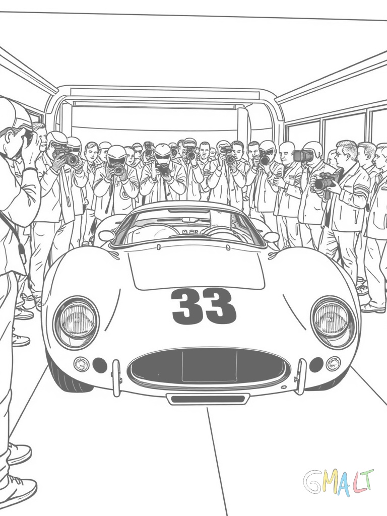 Ein Rennauto wird von Fotografen und Fans in der Boxengasse umringt