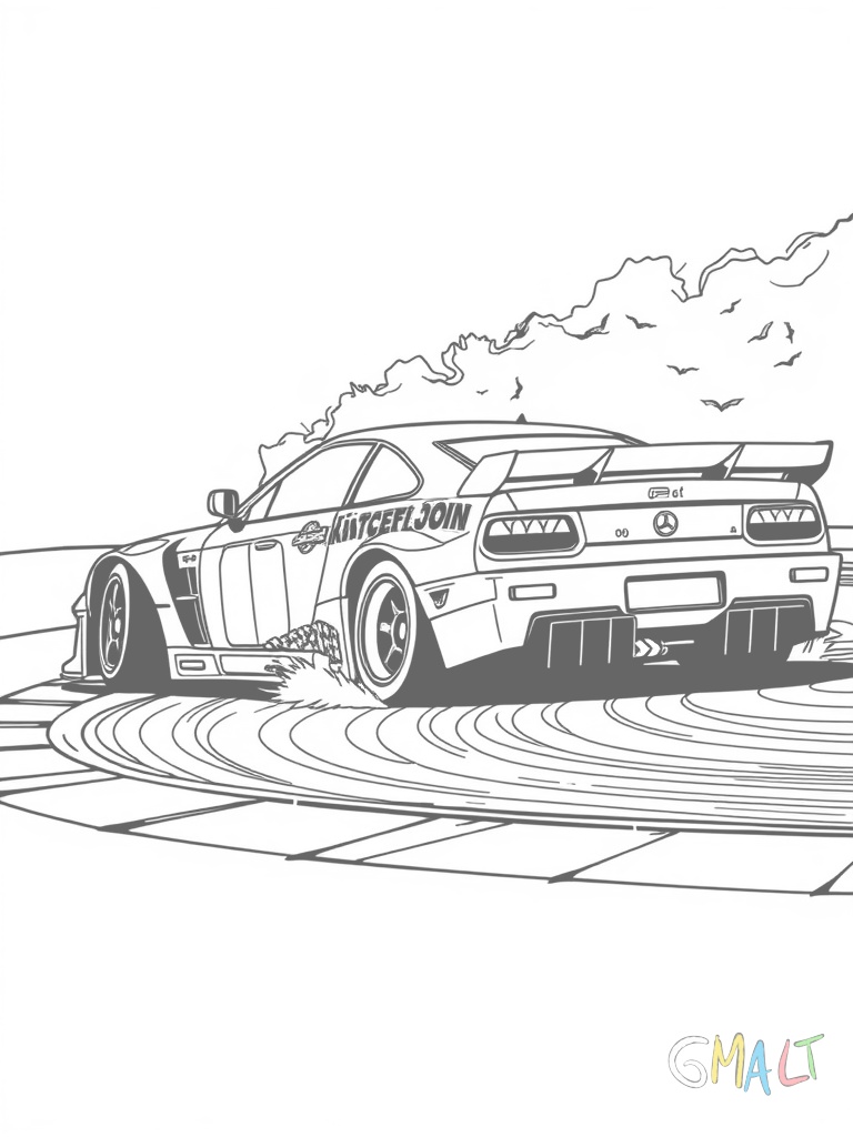 Ein Rennwagen driftet in einer Kurve nach rechts und lässt Reifenspuren auf der Strecke