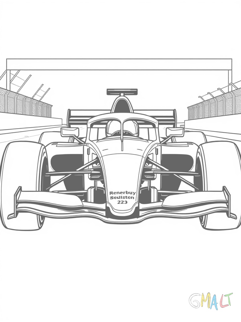 Ein Formel-1-Rennwagen von vorne mit breiter Frontnase und seitlichen Flügeln steht startbereit auf der Rennstrecke