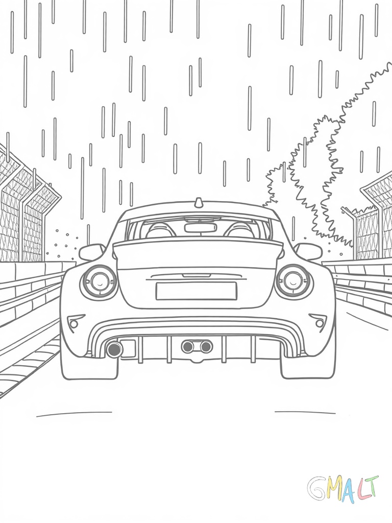 Ein Rennwagen steht im Regen auf der Strecke mit aktivierten Rücklichtern