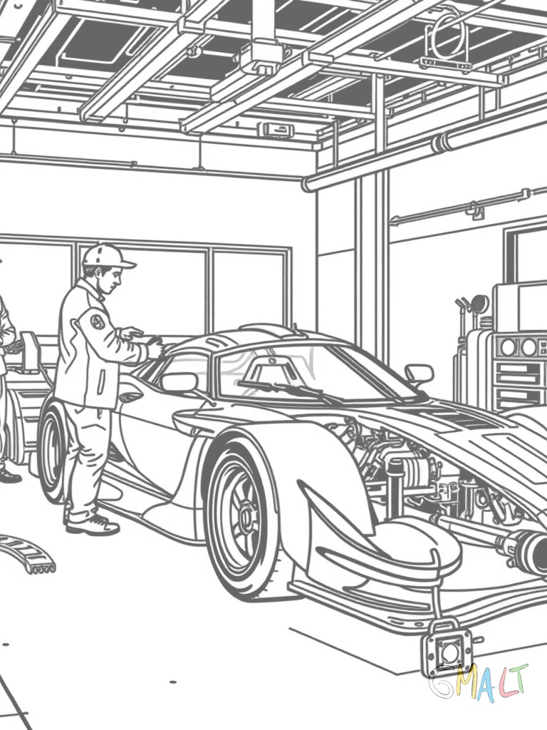 Ein Rennauto wird in der Werkstatt von Mechanikern gewartet und überprüft