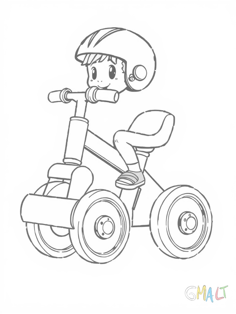 Ein kleiner Kinderroller mit zwei Rädern steht aufrecht. Der gerade Lenker hat Gummigriffe und eine Klingel. Die Trittfläche ist rutschfest und das Hinterrad hat eine kleine Bremse.