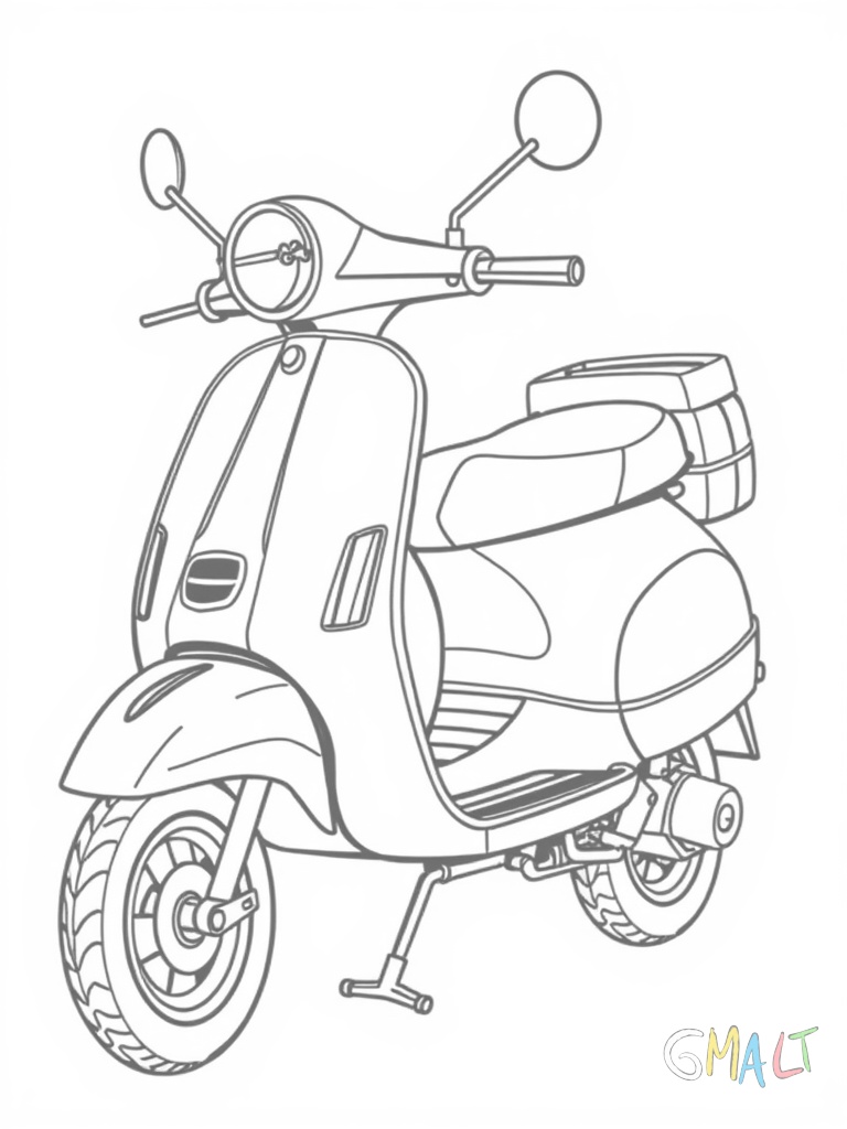 Ein klassischer Vespa-Roller steht von der Seite gesehen nach rechts gerichtet. Der runde Scheinwerfer vorne und der typische geschwungene Lenker sind gut zu erkennen. Der Roller hat einen Seitenspiegel einen Gepäckträger und einen Ständer.