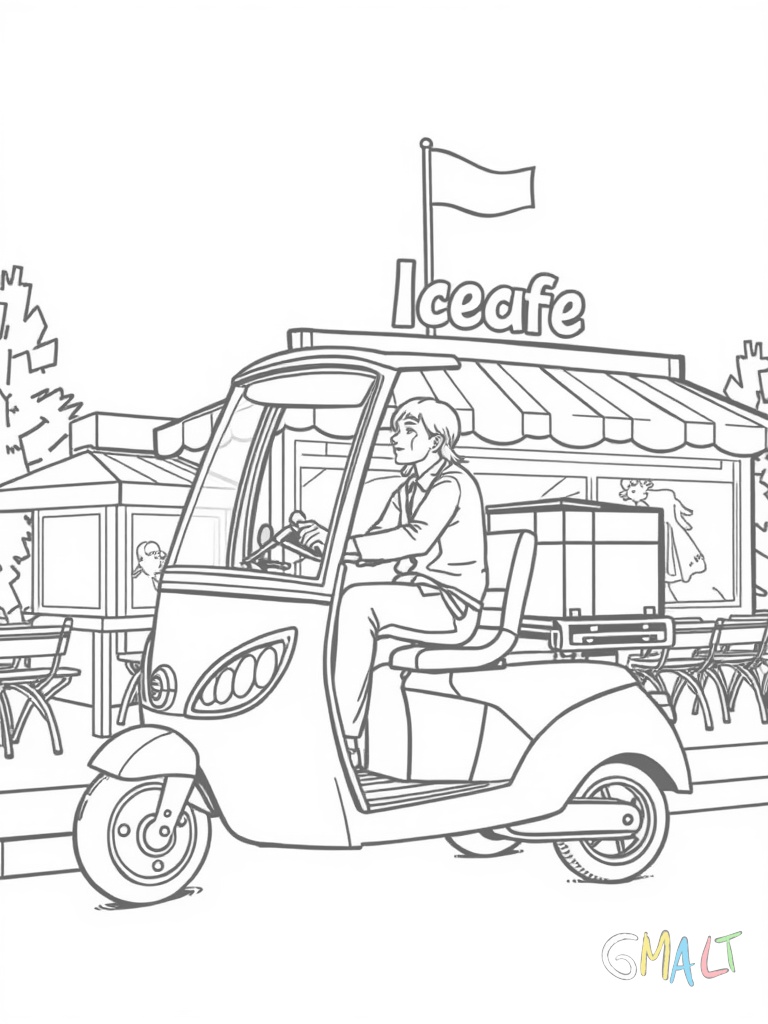 Ein moderner Roller parkt vor einem Eiscafé. Der Roller ist von der Seite zu sehen und steht auf seinem Hauptständer. Auf dem Gepäckträger liegt ein Lieferbox für Essen. Ein kleines Windschild schützt den Fahrer.
