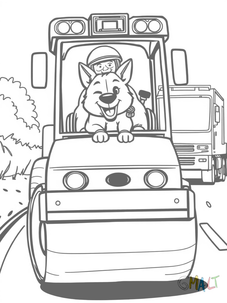 Ein Roller mit Beiwagen fährt nach rechts. Im Beiwagen sitzt ein fröhlicher Hund mit flatternden Ohren. Der Fahrer trägt einen Helm und winkt. Die Räder zeigen Bewegungslinien.