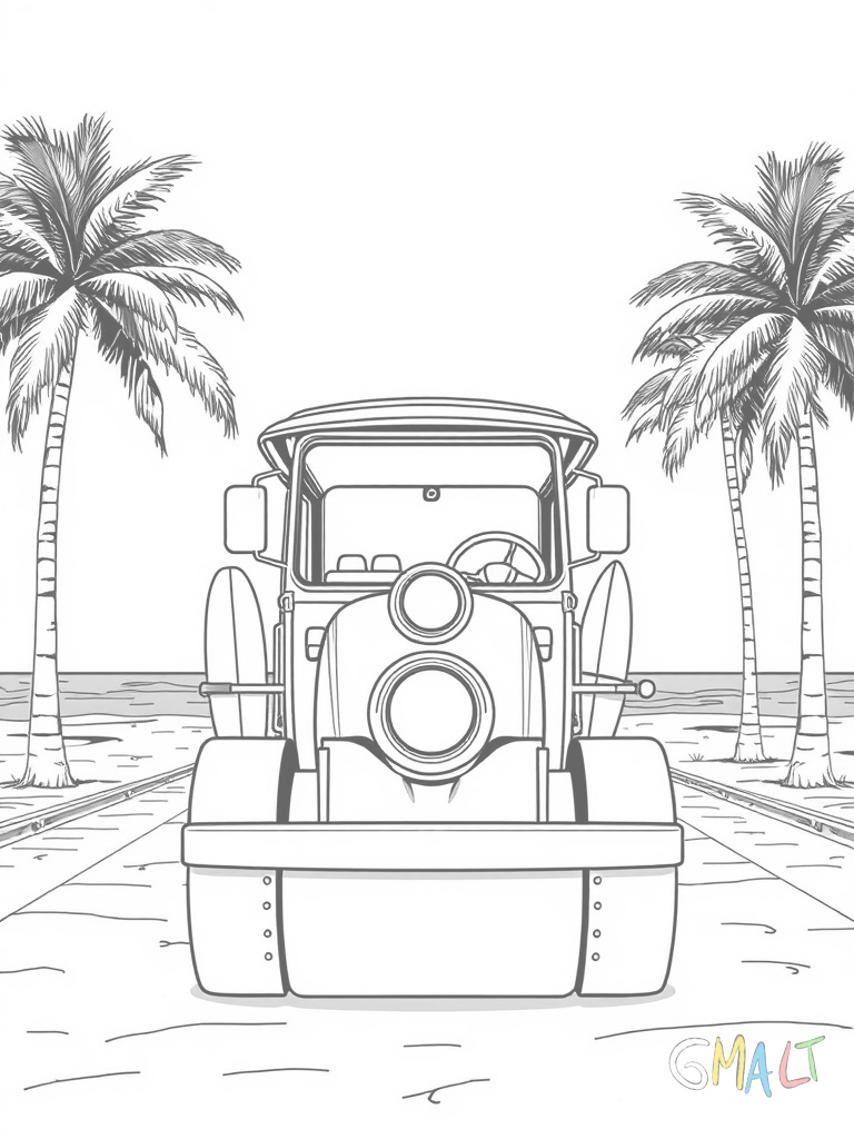 Ein Retroroller steht vor einer Strandpromenade mit Palmen. Der Roller ist von vorne zu sehen mit seinem charakteristischen runden Frontschild. Zwei Surfbretter sind seitlich am Roller befestigt.