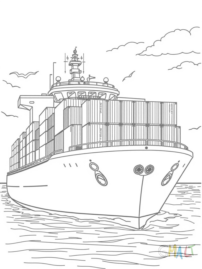 Ein Containerschiff beladen mit bunten Frachtcontainern. Der große Schiffskran ist ausgefahren. Im Führerhaus ist der Kapitän zu sehen.