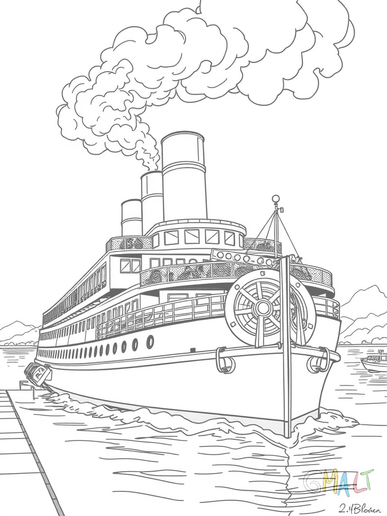 Ein Dampfschiff mit großem Schaufelrad am Heck. Aus dem Schornstein steigt Rauch auf. Auf dem Oberdeck sitzen Passagiere auf Bänken.
