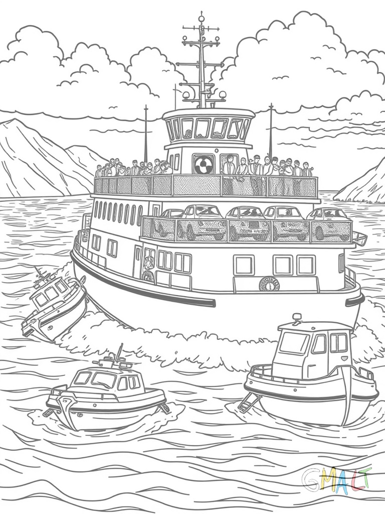 Eine Fähre lädt Autos über die heruntergelassene Bugklappe. Auf dem Passagierdeck stehen Menschen an der Reling. Die Rettungsboote hängen an der Seite.