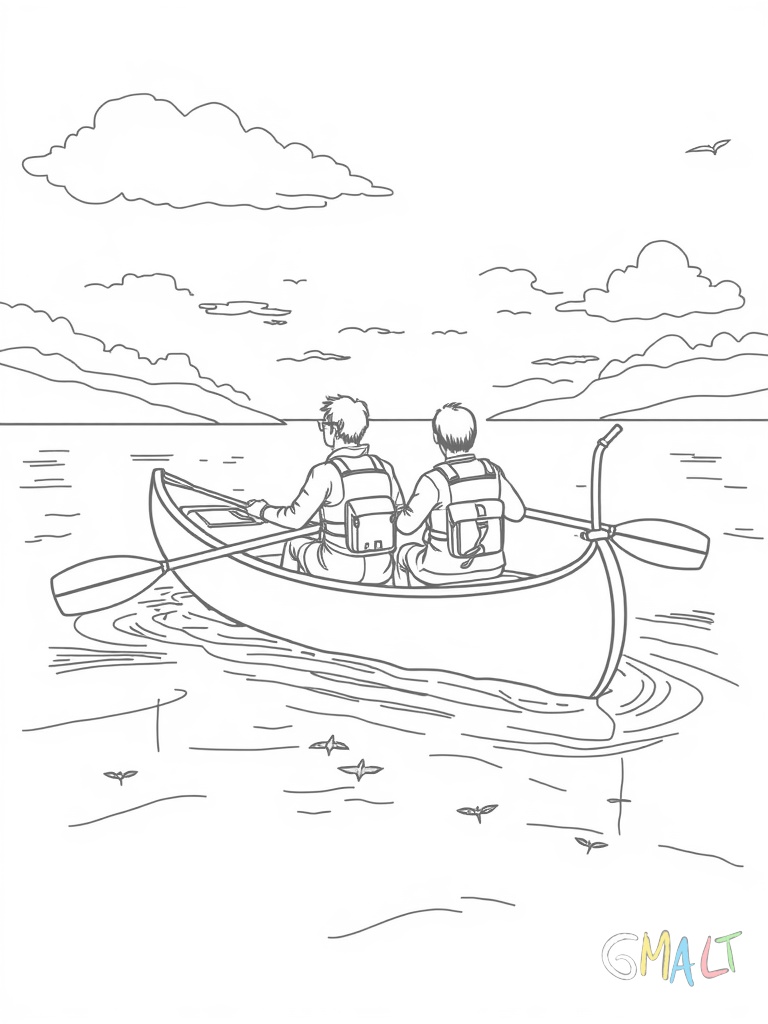 Ein Kanu mit zwei Paddlern gleitet über einen See. Im Bug liegt Gepäck unter einer wasserdichten Plane. Am Heck ist eine kleine Anglerausrüstung befestigt.