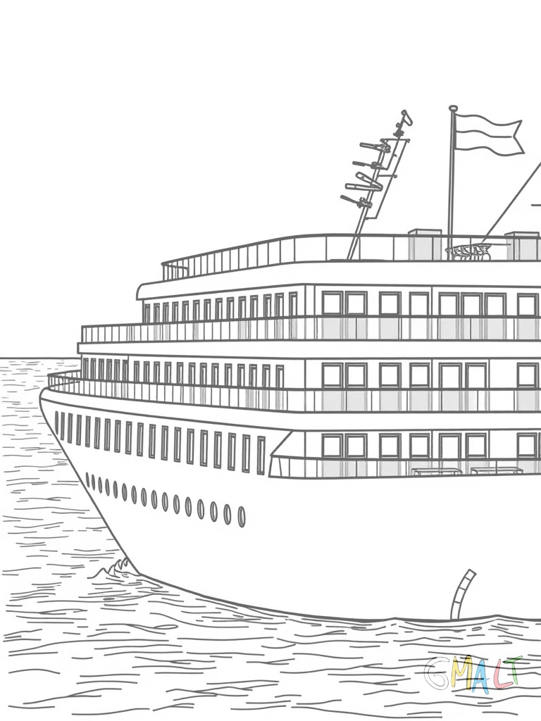 Ein modernes Kreuzfahrtschiff von der Seite mit vielen Fensterreihen und Balkonen. Auf dem obersten Deck sind ein Swimmingpool und Liegestühle zu erkennen. Der Schornstein trägt eine Reederei-Flagge.