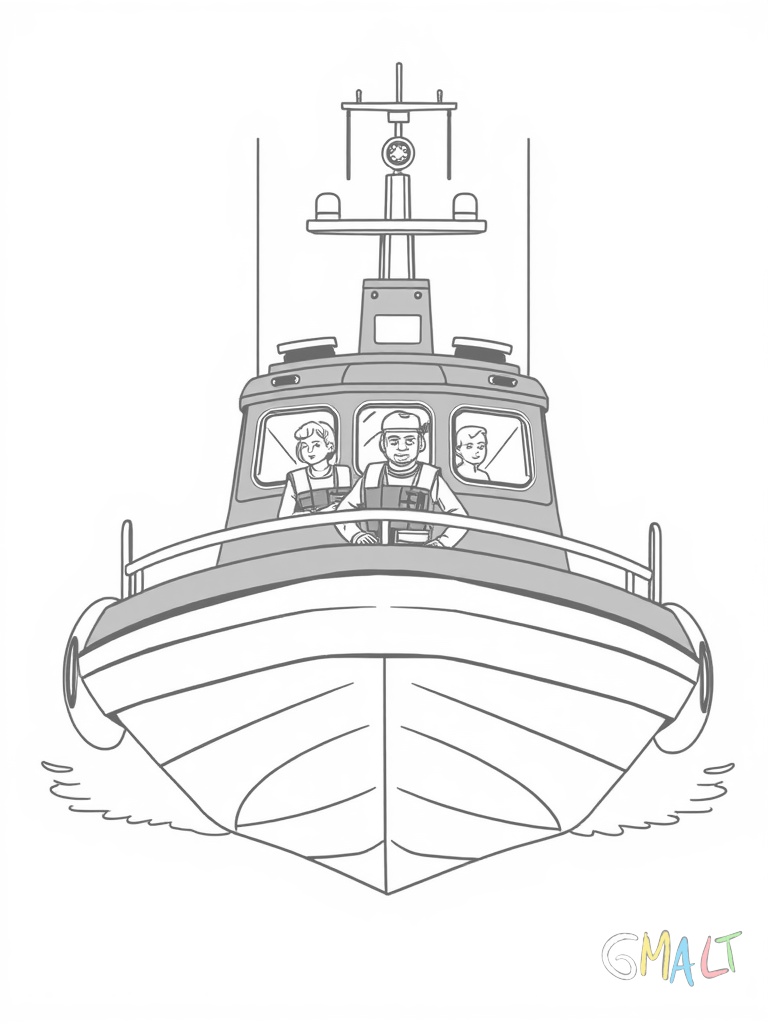 Ein Rettungsboot mit orangefarbener Außenhaut. Auf beiden Seiten sind Rettungsringe befestigt. Die Besatzung trägt Rettungswesten.