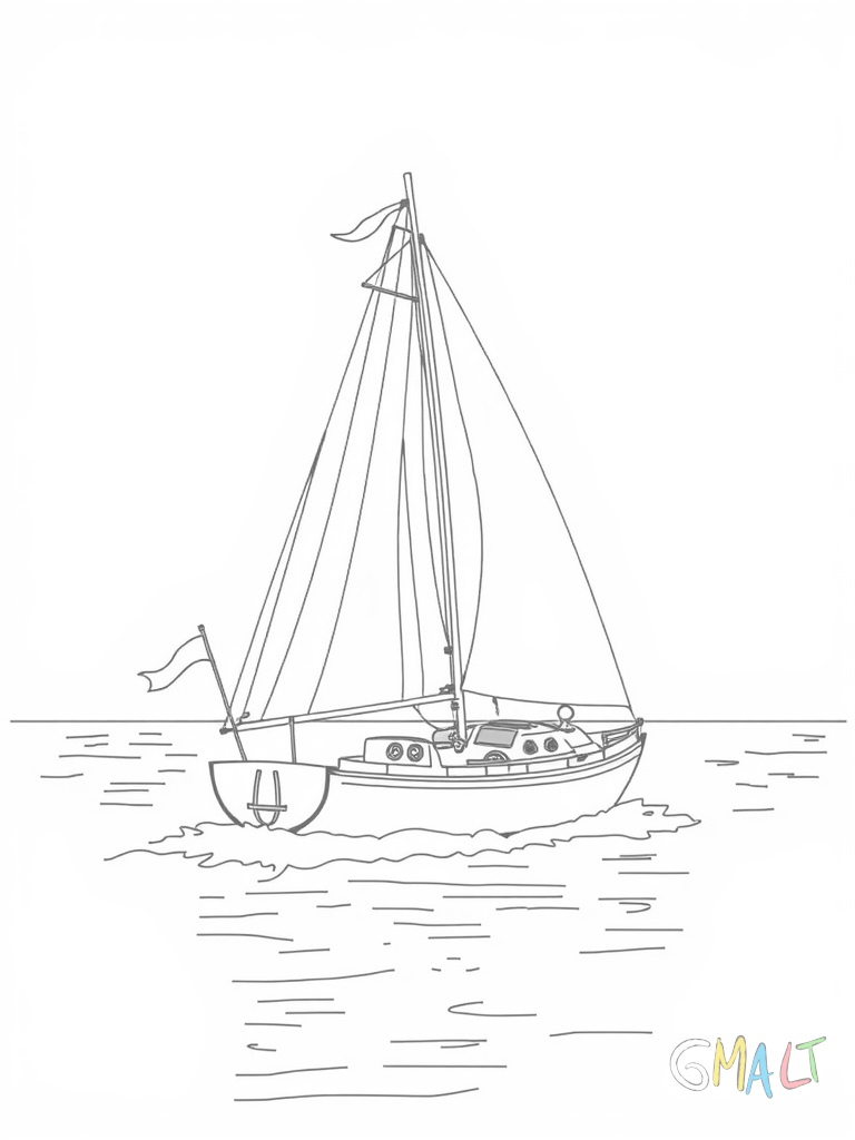 Ein Segelboot gleitet über ruhiges Wasser. Das weiße Segel ist vom Wind gebläht. Am Heck weht eine kleine Flagge und das Steuerruder ist sichtbar.