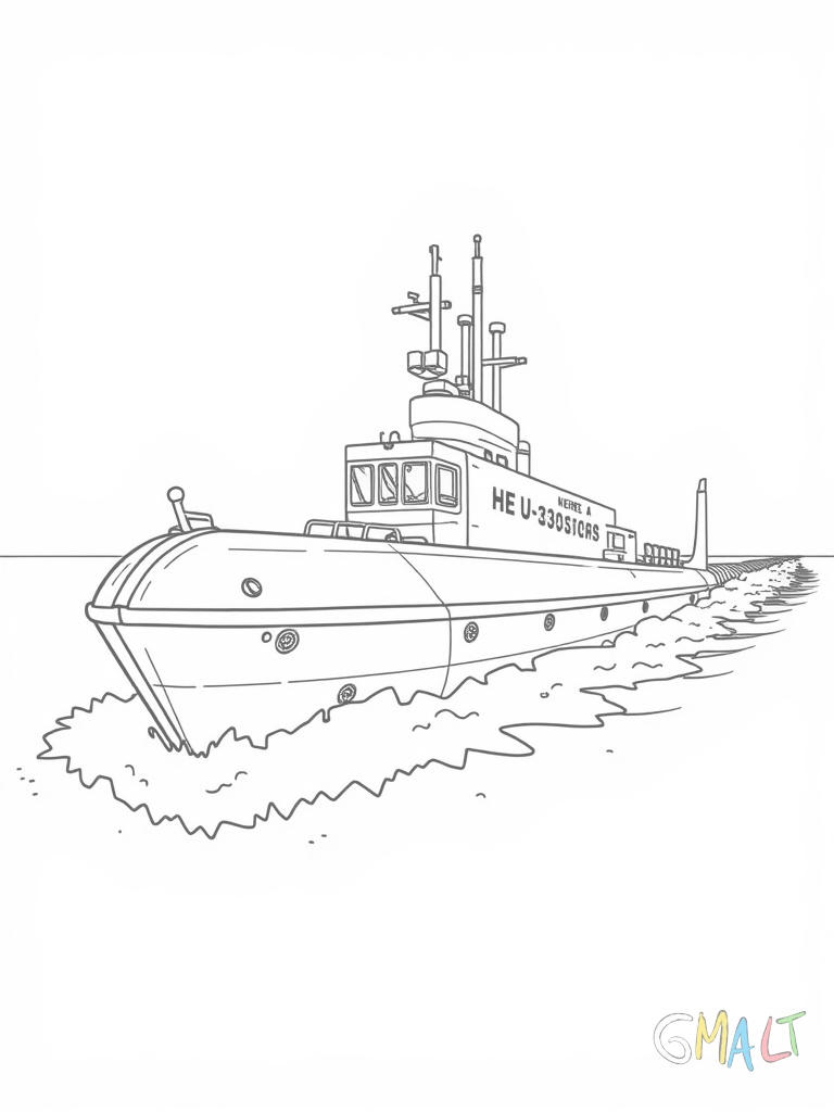 Ein U-Boot taucht aus dem Wasser auf. Das Periskop ragt heraus und die Luke ist geöffnet. Wassertropfen laufen am Rumpf herunter.