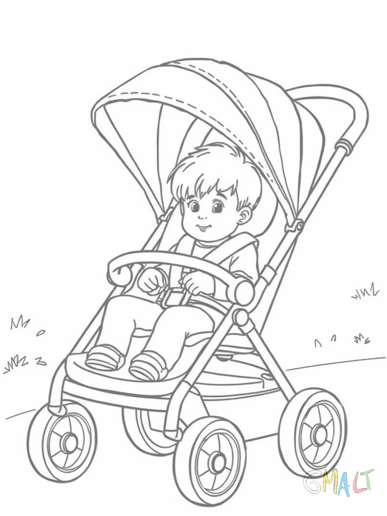 Ein Kleinkind sitzt in einem Babyschlitten mit hoher Rückenlehne und Sicherheitsbügel. Der Schlitten hat breite Kufen und einen langen Schiebestab.