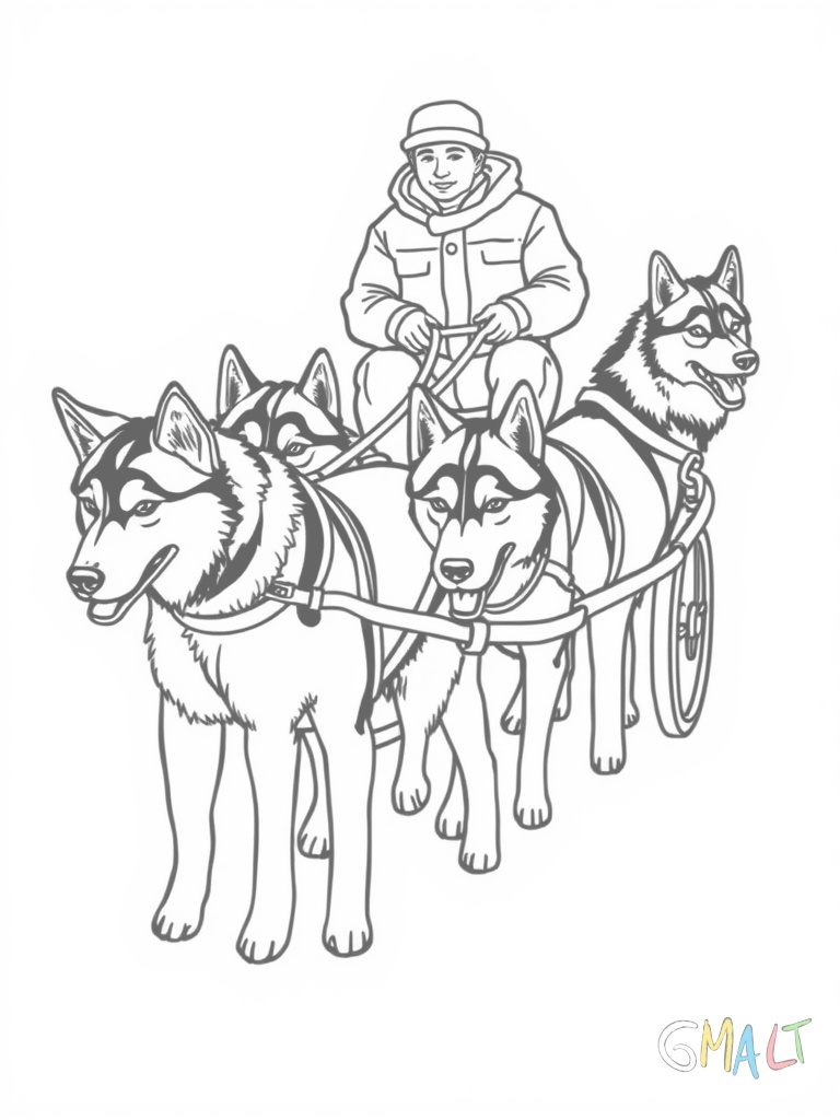 Ein Hundeschlitten mit sechs Huskys in Zweierreihen eingespannt steht bereit zur Fahrt. Auf dem Holzschlitten sitzt der Musher mit den Zügeln in der Hand.