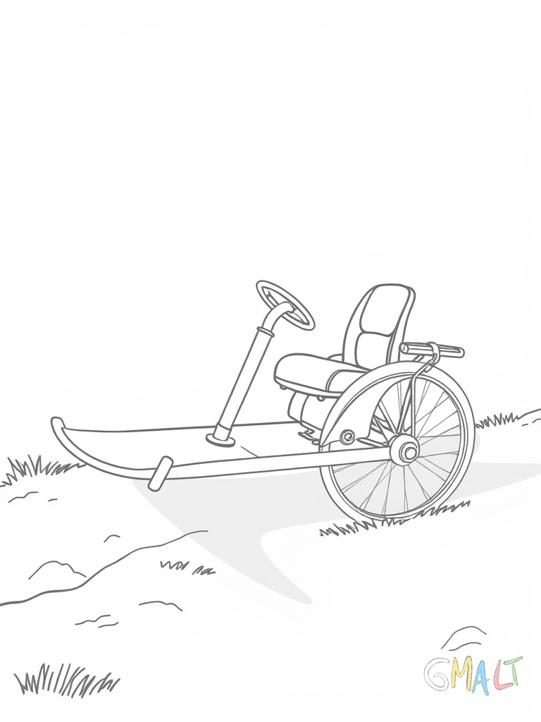 Ein Rennrodel liegt flach auf verschneitem Untergrund. Der aerodynamische Schlitten hat zwei parallel verlaufende Metallkufen und eine schmale Sitzfläche mit Haltegriffen an den Seiten.