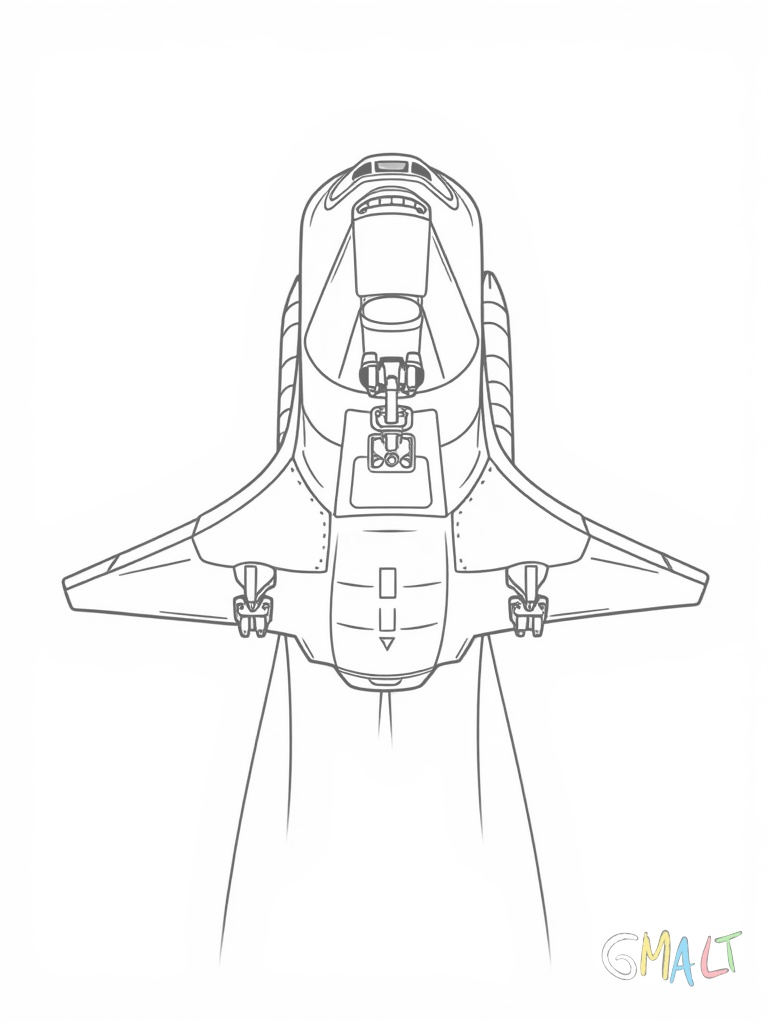 Frontansicht eines Space Shuttles beim Landeanflug. Das Fahrwerk ist ausgefahren und die Nase leicht nach oben gerichtet. Die charakteristische dreieckige Form der Deltaflügel ist gut erkennbar.